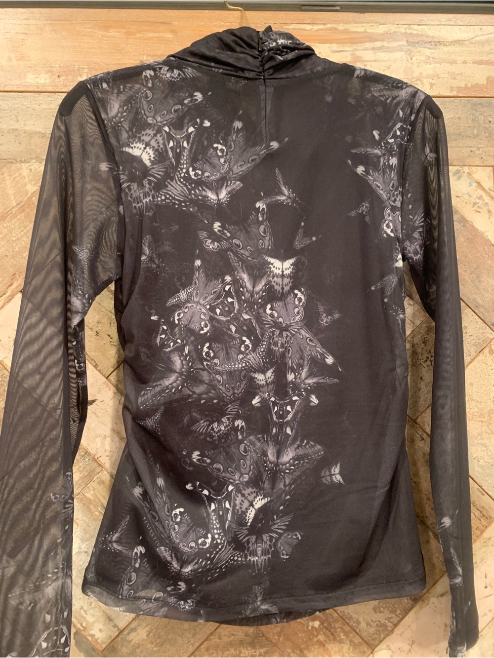All Saints sheer mesh long sleeve top. Charcoal butterfly print. Cowl neck. - Picture 3 of 6